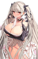 Rule 34 | 1girl, absurdres, artist name, azur lane, bare shoulders, between breasts, black dress, blush, bottomless, breast hold, breasts, cleavage, clothes in mouth, commentary request, dress, earrings, formidable (azur lane), frilled dress, frills, grey hair, hair ribbon, highres, jewelry, large breasts, long hair, long sleeves, looking at viewer, navel, red eyes, ribbon, sessue, signature, simple background, solo, standing, twintails, two-tone dress, two-tone ribbon, very long hair, white background