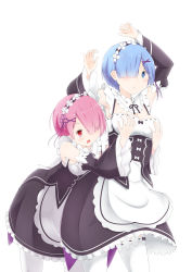 Rule 34 | 10s, 2girls, apron, armpits, arms up, blue eyes, blue hair, blush, bow, grabbing another&#039;s breast, breasts, cleavage, cleavage cutout, clothing cutout, detached collar, detached sleeves, dress, grabbing, grabbing from behind, hair ornament, hair over one eye, highres, hug, hug from behind, leaning forward, maid, maid apron, maid headdress, multiple girls, open mouth, pink hair, ram (re:zero), re:zero kara hajimeru isekai seikatsu, red eyes, rem (re:zero), ribbon-trimmed legwear, ribbon-trimmed sleeves, ribbon trim, short hair, siblings, simple background, sisters, teeth, thighhighs, tokito yu, twins, white background, white legwear, x hair ornament