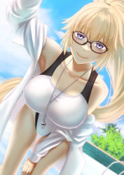 Rule 34 | armpits, bare shoulders, black-framed eyewear, blonde hair, blue eyes, blue sky, breasts, cloud, collarbone, competition swimsuit, day, fate/grand order, fate (series), glasses, highres, jacket, jeanne d&#039;arc (fate), jeanne d&#039;arc (swimsuit archer) (fate), jeanne d&#039;arc (swimsuit archer) (second ascension) (fate), large breasts, leaning forward, long hair, looking at viewer, one-piece swimsuit, outdoors, outstretched hand, sky, smile, swimsuit, thirukin, very long hair, whistle, whistle around neck, white jacket, white one-piece swimsuit