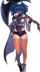 Rule 34 | 1girl, absurdres, ahoge, axe, bare shoulders, black footwear, black shorts, blue hair, breasts, cape, covered navel, fingernails, full body, grin, highleg, highres, holding, holding axe, holding weapon, huge weapon, leotard, looking at viewer, off shoulder, orange thighhighs, original, over shoulder, pointy ears, rasetsu001, red eyes, shoes, short shorts, shorts, simple background, smile, solo, standing, thighhighs, twintails, weapon, white background, wide sleeves