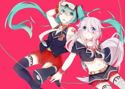 Rule 34 | 2girls, absurdres, blue eyes, goggles, goggles on head, green eyes, green hair, hatsune miku, highres, ia (vocaloid), long hair, megaphone, midriff, multiple girls, navel, necktie, piano print, pink hair, print legwear, red background, simple background, skirt, thighhighs, twintails, very long hair, vocaloid