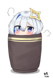 Rule 34 | 1girl, amane kanata, bailingxiao jiu, blue eyes, blue hair, blush, bob cut, chibi, colored inner hair, covered mouth, cup, dated, eyes visible through hair, hair ornament, hair over one eye, halo, highres, hololive, in container, in cup, multicolored hair, shadow, signature, silver hair, single hair intake, solo, star halo, steam, two-tone hair, virtual youtuber, white background, yunomi
