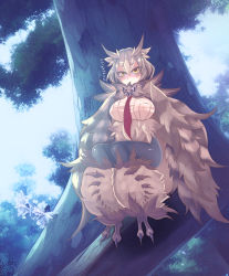 Rule 34 | 1girl, ai-assisted, atuba, blush, breasts, brown hair, feathered wings, feathers, fluffy, hair between eyes, harpy, highres, in tree, large breasts, looking at viewer, monster girl, monster girl encyclopedia, neck ruff, necktie, owl girl, owl mage (monster girl encyclopedia), short hair, sitting, sitting in tree, solo, talons, tree, twitter username, winged arms, wings, yellow eyes