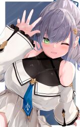 1girl absurdres alternate_breast_size blush breasts chankuro cleavage green_eyes grey_hair hair_ornament highres hololive large_breasts looking_at_viewer medium_hair necktie one_eye_closed open_mouth shirogane_noel smile solo upper_body virtual_youtuber