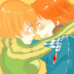 Rule 34 | 1boy, 1girl, atlus, blush, couple, eye contact, face-to-face, forehead-to-forehead, hanamura yousuke, headphones, heads together, hetero, jacket, jersey, looking at another, orange hair, persona, persona 4, satonaka chie, short hair, track jacket