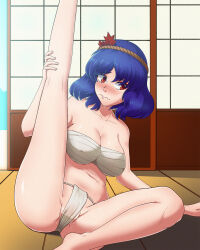 Rule 34 | 1girl, arm support, autumn leaves, averting eyes, blue hair, blush, breasts, cleavage, closed mouth, collarbone, commentary, covered erect nipples, day, english commentary, fingernails, fundoshi, hair ornament, heartszora, highres, holding own leg, indoors, japanese clothes, large breasts, leaf hair ornament, leg up, medium hair, nose, nose blush, on floor, partially visible vulva, red eyes, sarashi, shouji, sitting, sliding doors, slit pupils, solo, sweat, touhou, underwear, underwear only, wavy mouth, yasaka kanako