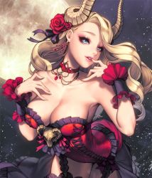 Rule 34 | 1girl, alternate costume, arched back, bare shoulders, bent over, blonde hair, blue eyes, breasts, card (medium), chaos online, choker, cleavage, collarbone, cowboy shot, demon girl, demon horns, earrings, eyeshadow, female focus, finger to mouth, fishnets, flower, frilled thighhighs, frills, full moon, garter straps, hair flower, hair ornament, hair ribbon, horns, jewelry, large breasts, lips, long hair, love cacao, lucifer (chaos online), makeup, moon, official art, parted lips, ribbon, smile, solo, thighhighs