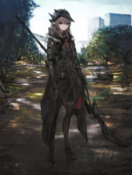 Rule 34 | 1girl, absurdres, arms at sides, belt, black belt, black coat, black footwear, black jacket, black pantyhose, brown hair, building, closed mouth, coat, day, dirt road, expressionless, full body, gauntlets, hair between eyes, highres, holding, holding polearm, holding weapon, jacket, long hair, long sleeves, looking at viewer, necktie, open clothes, open coat, original, outdoors, pantyhose, pointy ears, polearm, red necktie, road, shoes, solo, spear, straight hair, thigh strap, tree, tuda6, vambraces, visor (armor), weapon