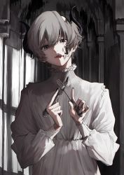 Rule 34 | 1boy, absurdres, black hair, black horns, blood, blood on face, fangs, fork, frilled shirt collar, frills, grey hair, highres, holding, holding fork, holding knife, horns, knife, looking at viewer, male focus, open mouth, original, slit pupils, solo, sparkle, upper body, white xxxx