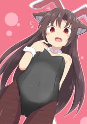 Rule 34 | 1girl, alternate costume, animal ears, black leotard, blush, brown eyes, brown hair, brown pantyhose, commentary request, covered navel, cowboy shot, detached collar, dutch angle, fake animal ears, fishnet pantyhose, fishnets, flying sweatdrops, imaizumi kagerou, kazawa (tonzura-d), leotard, long hair, looking at viewer, open mouth, pantyhose, pink background, playboy bunny, rabbit ears, solo, squiggle, tail, touhou, very long hair, wolf ears, wolf tail, wrist cuffs