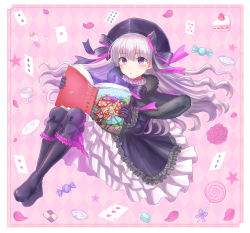 Rule 34 | 1girl, alice (alice in wonderland), alice in wonderland, bad id, bad pixiv id, black bow, black footwear, black hat, blush, book, boots, bow, candy, card, cheshire cat (alice in wonderland), fate/grand order, fate (series), food, full body, grey hair, hair bow, hat, highres, holding, holding book, lollipop, long hair, looking at viewer, nursery rhyme (fate), open book, parted lips, petals, playing card, purple eyes, seungju lee, solo, star (symbol), white rabbit (alice in wonderland)
