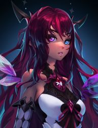 Rule 34 | 1girl, bare shoulders, black dress, blue eyes, breasts, brooch, closed eyes, detached sleeves, dress, heterochromia, hololive, hololive english, horns, imdrunkontea, irys (hololive), irys (irys 1.0) (hololive), jewelry, long hair, looking at viewer, medium breasts, multicolored hair, parted lips, pointy ears, purple eyes, purple hair, smile, solo, two-tone dress, two-tone hair, upper body, virtual youtuber, white dress, wings