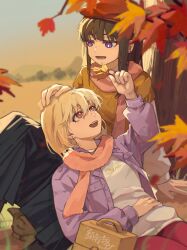 Rule 34 | 2girls, absurdres, black hair, black skirt, blonde hair, blurry, blurry foreground, brown sweater, chinese commentary, commentary request, day, earrings, hand on another&#039;s head, highres, holding, holding leaf, inoue takina, jacket, jewelry, lap pillow, leaf, long hair, long skirt, lycoris recoil, maple leaf, medium hair, multiple girls, nishikigi chisato, outdoors, pants, parted lips, pink scarf, pleated skirt, purple eyes, purple jacket, red eyes, red headwear, red pants, scarf, shirt, skirt, smile, stud earrings, sweater, tree, white shirt, yanlingjinshilihuahua, yuri