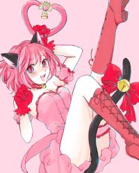 Rule 34 | 1girl, animal ear fluff, animal ears, bell, boots, bow, breasts, cat ears, cat tail, choker, cleavage, cross-laced footwear, dress, eyelashes, frilled choker, frilled dress, frilled thighhighs, frills, gloves, highres, holding, jingle bell, lace-up boots, magical girl, medium breasts, mew ichigo, mitsuko (sheepman donuts), momomiya ichigo, neck bell, open mouth, pink background, pink choker, pink dress, pink hair, red bow, red eyes, red gloves, solo, tail, tail bell, tail bow, tail ornament, teeth, thigh strap, thighhighs, tokyo mew mew, upper teeth only