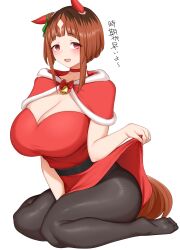 Rule 34 | 1girl, absurdres, animal ears, black pantyhose, bob cut, breasts, brown hair, capelet, choker, christmas, cleavage, highres, horse ears, horse girl, horse tail, inverted bob, large breasts, pantyhose, pasuhai, red capelet, short hair, simple background, sitting, tail, transcend (umamusume), umamusume, wariza, white background
