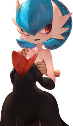 Rule 34 | 1girl, :d, alternate color, aqua hair, bare shoulders, black dress, grabbing another&#039;s breast, breasts, colored skin, creatures (company), dress, game freak, gardevoir, gen 3 pokemon, grabbing, grabbing from behind, grabbing own breast, groping, hand on another&#039;s shoulder, highres, kashu (hizake), mega pokemon, monster girl, nintendo, open mouth, pokemon, pokemon (creature), pokephilia, red eyes, shiny pokemon, simple background, small breasts, smile, strapless, strapless dress, sweatdrop, upper body, white background, white skin