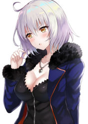 Rule 34 | 1girl, :o, ahoge, bad id, bad pixiv id, black dress, blue jacket, blush, breasts, cleavage, dress, fate/grand order, fate (series), fur-trimmed jacket, fur-trimmed sleeves, fur trim, hair between eyes, harimoji, jacket, jeanne d&#039;arc (fate), jeanne d&#039;arc alter (fate), jeanne d&#039;arc alter (ver. shinjuku 1999) (fate), jewelry, large breasts, long sleeves, looking away, official alternate costume, open clothes, open jacket, parted lips, pendant, short hair, silver hair, simple background, solo, white background, yellow eyes