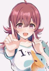 Rule 34 | ahoge, bad id, bad twitter id, blue sleeves, blush, breasts, collarbone, commentary request, grey background, hair between eyes, hands up, highres, idolmaster, idolmaster shiny colors, index fingers raised, koi dance, komiya kaho, large breasts, liveparade, long hair, long sleeves, looking at viewer, open mouth, print shirt, red eyes, red hair, shirt, smile, solo, upper body, v-shaped eyebrows, white shirt