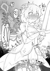 Rule 34 | !?, 2girls, ?, bare shoulders, blush, breasts, cleavage, closed mouth, constricted pupils, controller, cowboy shot, cross-section, detached sleeves, dress, egg vibrator, embarrassed, female focus, flower, genshin impact, greyscale, hair between eyes, hair flower, hair ornament, hands up, heart, highres, holding, holding sword, holding weapon, japanese text, lucifina 006, lumine (genshin impact), medium hair, monochrome, multiple girls, multiple views, nose blush, paimon (genshin impact), remote control, remote control vibrator, sex toy, short dress, sidelocks, sleeveless, sleeveless dress, small breasts, solo focus, speech bubble, spoken heart, spoken interrobang, spoken question mark, standing, steam, steaming body, surprised, sweat, sword, tears, thigh strap, translation request, trembling, two-handed, v-shaped eyebrows, vibrator, vibrator cord, vibrator under clothes, wavy mouth, weapon, wide-eyed