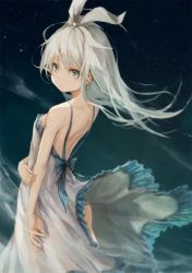 Rule 34 | 1girl, bare arms, bare shoulders, breasts, commentary request, dress, floating hair, hair ribbon, highres, long hair, looking at viewer, looking back, medium breasts, original, ribbon, scyze, grey eyes, silver hair, solo, standing, white dress, wind, wind lift