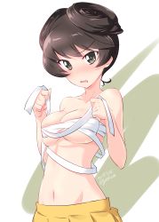 Rule 34 | 1girl, breasts, commentary request, dated, frown, girls und panzer, green eyes, hair rings, highres, hosomi shizuko, kuzuryuu kennosuke, looking at viewer, medium breasts, miniskirt, navel, one-hour drawing challenge, open mouth, pleated skirt, sarashi, short hair, simple background, skindentation, skirt, solo, standing, twitter username, tying, upper body, white background, yellow skirt