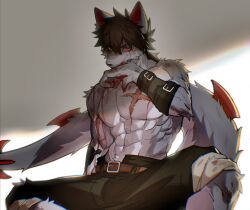 Rule 34 | 1boy, abs, animal ears, animal hands, arm tattoo, blood, blood on arm, blood on chest, blood on face, body fur, brown hair, claws, closed mouth, fish7163, furry, furry male, grey background, grey fur, hair between eyes, hand up, highres, injury, looking at viewer, low ponytail, male focus, open fly, original, red eyes, scar, scar on chest, short hair, simple background, sitting, solo, tail, tattoo, toned, toned male, two-tone background, white background, wiping blood, wiping mouth, wolf boy, wolf ears