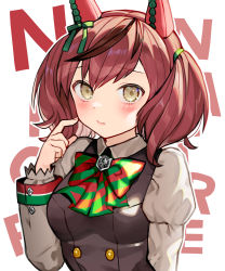 Rule 34 | 1girl, animal ears, black dress, blush, bow, breasts, brown eyes, brown hair, character name, closed mouth, collared shirt, commentary request, diagonal-striped bow, dress, ear bow, green bow, grey shirt, hand up, highres, horse ears, juliet sleeves, kurata rine, long sleeves, looking at viewer, multicolored hair, nail polish, nice nature (umamusume), pink nails, puffy sleeves, shirt, sleeveless, sleeveless dress, small breasts, solo, streaked hair, text background, twintails, umamusume, upper body, white background