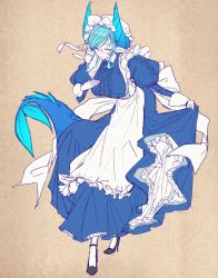 Rule 34 | 1girl, apron, blue hair, bowing, breasts, collared dress, columns ke, dress, fins, fish tail, frills, full body, glasses, hat, horns, large breasts, long sleeves, looking at viewer, maid, mature female, melusine (housamo), mob cap, pointy ears, puffy sleeves, purple eyes, shoes, short hair, simple background, solo, tail, tokyo houkago summoners