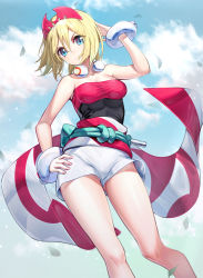 Rule 34 | 1girl, arm up, bare shoulders, blonde hair, blue eyes, blue sky, breasts, cloud, cloudy sky, collarbone, commentary request, creatures (company), day, falling leaves, feet out of frame, game freak, hair between eyes, hand on own hip, head tilt, highres, irida (pokemon), jewelry, leaf, looking at viewer, medium breasts, neck ring, nintendo, outdoors, pokemon, pokemon legends: arceus, ririko (zhuoyandesailaer), short shorts, shorts, sky, solo, standing, strapless, v-shaped eyebrows, white shorts