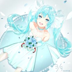 Rule 34 | 1girl, :d, aqua dress, aqua eyes, aqua hair, bare shoulders, blue flower, bouquet, bow, collarbone, commentary, dated, dress, elbow gloves, flower, from above, gloves, hair bow, hatsune miku, highres, holding, holding bouquet, light blush, long hair, looking at viewer, miku day, open mouth, petals, sawamaru 0528, see-through, simple background, sitting, sleeveless, sleeveless dress, smile, solo, tareme, twintails, very long hair, vocaloid, wedding dress, white background, white bow