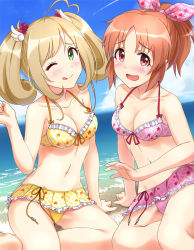 Rule 34 | 10s, 2girls, ;p, abe nana, ahoge, arm at side, arm support, beach, bikini, bikini skirt, blonde hair, blush, bow, breasts, cleavage, cloud, collarbone, day, eyebrows, green eyes, hair bow, hair ornament, hair ribbon, halterneck, idolmaster, idolmaster cinderella girls, kohane, long hair, looking at viewer, medium breasts, midriff, mintol (qool+), multiple girls, navel, ocean, one eye closed, open mouth, outdoors, pink bikini, pink eyes, pink hair, ponytail, ribbon, sato shin, shy, sitting, sky, smile, star (symbol), star print, stomach, swimsuit, tongue, tongue out, twintails, water, wavy mouth, yellow bikini