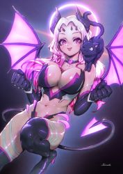 Rule 34 | 1girl, animal, artist name, boots, breasts, cat, choker, cleavage, dragon girl, dragon horns, dragon tail, dragon wings, elbow gloves, gloves, highres, horns, kionaoki, large breasts, long hair, making-of available, monster girl, multicolored hair, navel, on shoulder, original, pink eyes, pink hair, shirt, signature, solo, strapless, tail, thigh boots, thighhighs, two-tone hair, white shirt, wings
