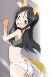 Rule 34 | 1girl, animal ears, ass, black hair, blush, butt crack, fox ears, fox tail, from behind, glasses, grey eyes, looking back, open mouth, panties, solo, strike witches, strike witches: kurenai no majo-tachi, suwa amaki, tail, underwear, world witches series, yumekaranigeruna