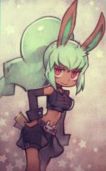 Rule 34 | 10s, 1girl, animal ears, artist request, bad id, bad twitter id, breasts, rabbit, rabbit ears, bunny mint, choker, detached sleeves, green hair, hand on own hip, high ponytail, jitome, long hair, looking at viewer, midriff, pink eyes, shorts, solo, star (symbol), traditional youkai, youkai watch