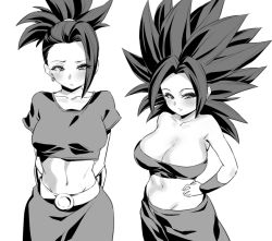 Rule 34 | 2girls, armpits, arms behind back, bare shoulders, belt, big hair, black hair, blush, breasts, caulifla, cleavage, closed mouth, dragon ball, dragon ball super, earrings, embarrassed, groin, hand on own hip, hip focus, hoop earrings, jewelry, kale (dragon ball), large breasts, looking at viewer, medium breasts, midriff, monochrome, multiple girls, navel, rom (20), simple background, spiked hair, standing, strapless, tube top, white background, white eyes