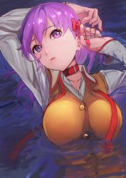 Rule 34 | 1girl, breasts, collar, fate/stay night, fate (series), hair between eyes, hair ribbon, impossible clothes, impossible shirt, large breasts, lips, long hair, looking at viewer, matou sakura, parted lips, partially submerged, purple eyes, purple hair, ribbon, shikuro (masax1107), shirt, solo