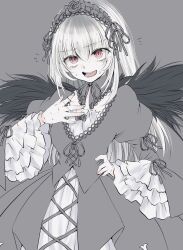 Rule 34 | 1girl, black dress, black wings, commentary request, dress, flustered, frilled sleeves, frills, gothic lolita, grey background, hairband, hand on own chest, highres, kiru (m putorius), lolita fashion, lolita hairband, long hair, looking at viewer, open mouth, pink eyes, rozen maiden, simple background, sketch, solo, suigintou, sweat, upper body, white hair, wide sleeves, wings