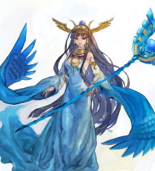 Rule 34 | 1girl, black hair, blue dress, blue eyes, breasts, detached sleeves, dress, female focus, isis (p&amp;d), jewelry, kamatama, long hair, lots of jewelry, puzzle &amp; dragons, solo