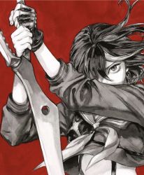 Rule 34 | 1girl, commentary, covered mouth, cropped shirt, english commentary, fingerless gloves, floating hair, gloves, greyscale with colored background, hair over one eye, highres, holding, holding sword, holding weapon, kill la kill, long sleeves, looking at viewer, matoi ryuuko, medium hair, midriff, miss jisu, multicolored hair, multiple monochrome, neckerchief, red background, sailor collar, school uniform, scissor blade (kill la kill), second-party source, senketsu, serafuku, simple background, single glove, solo, streaked hair, suspenders, sword, traditional media, upper body, weapon