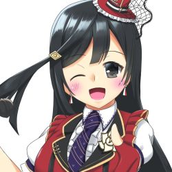 Rule 34 | 1girl, ;), artist name, artist request, black hair, blue hair, blush, breasts, chase (love live!), collared shirt, dark blue hair, dress shirt, earrings, female focus, fingerless gloves, floating hair, gloves, grey eyes, hair ornament, hairclip, half gloves, hat, jewelry, long hair, looking at viewer, love live!, love live! nijigasaki high school idol club, love live! school idol festival, medium breasts, mini hat, mini top hat, necktie, one eye closed, parted lips, pointing, pointing at viewer, ponytail, puffy short sleeves, puffy sleeves, purple neckwear, red gloves, red hat, red shirt, red vest, ribbon, shirt, short sleeves, side ponytail, smile, solo, suspenders, top hat, triangle earrings, upper body, vest, white background, wing collar, wink, yuki setsuna (love live!)