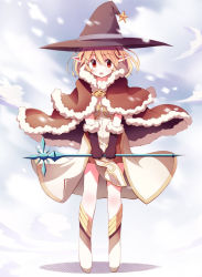 Rule 34 | 1girl, blonde hair, blush, boots, brown cape, brown dress, brown footwear, brown gloves, cape, commentary request, doridori, dress, full body, fur-trimmed cape, fur-trimmed gloves, fur trim, gloves, hair between eyes, hat, high wizard (ragnarok online), holding, holding staff, looking to the side, open mouth, pointy ears, ragnarok online, red eyes, short hair, snow, snowing, solo, staff, standing, star (symbol), two-tone footwear, white dress, white footwear, witch hat