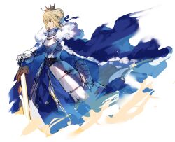 Rule 34 | 1girl, absurdres, armor, armored dress, artoria pendragon (all), artoria pendragon (fate), blonde hair, blue cape, blue dress, blue ribbon, braid, breastplate, cape, closed mouth, commentary, crown, dress, fate/grand order, fate/stay night, fate (series), french braid, fur-trimmed cape, fur trim, gauntlets, green eyes, hair ribbon, highres, holding, holding sword, holding weapon, kamonegi (meisou1998), plackart, profile, ribbon, saber (fate), short hair, solo, sword, weapon, white background