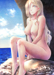 Rule 34 | 1girl, between legs, blonde hair, blue eyes, cloud, cloudy sky, commentary request, day, hair between eyes, hand between legs, highres, kantai collection, long hair, millipen (medium), mole, mole under eye, mole under mouth, nipples, ocean, outdoors, richelieu (kancolle), rock, sitting, sitting on rock, sky, solo, tesun (g noh), traditional media, watercolor pencil (medium)
