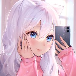 Rule 34 | 1girl, animal ear fluff, animal ears, cat ears, cellphone, closed mouth, commentary, eyebrows hidden by hair, hair between eyes, hands up, holding, holding phone, long hair, long sleeves, looking away, nami (nyaa), original, phone, pink sweater, puffy long sleeves, puffy sleeves, selfie, silver hair, sleeves past wrists, smile, solo, sweater, upper body, window
