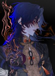 Rule 34 | 1boy, artist name, black background, black coat, blade (honkai: star rail), blue hair, chinese clothes, coat, earrings, from side, gradient hair, hair between eyes, highres, honkai: star rail, honkai (series), jewelry, long hair, long sleeves, looking to the side, male focus, mandarin collar, multicolored hair, open clothes, open coat, parted lips, purple hair, red eyes, sarashi, shirt, simple background, single earring, solo, tassel, upper body, yellow shirt, yoonmiumi