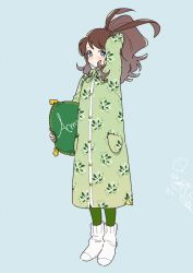 Rule 34 | 1girl, alternate costume, arm behind head, blush, brown hair, buttons, closed mouth, collared dress, commentary request, creatures (company), cushion, dress, full body, game freak, gen 5 pokemon, green dress, green pantyhose, grey background, hagetapo, high ponytail, hilda (pokemon), holding cushion, long hair, nintendo, pantyhose, pokemon, pokemon (creature), pokemon bw, serperior, sidelocks, solo, standing