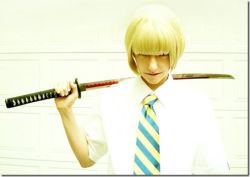 Rule 34 | bleach, blonde hair, cosplay, hirako shinji, katana, lowres, photo (medium), sword, weapon