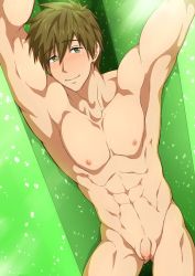 Rule 34 | 1boy, abs, armpits, arms up, brown hair, closed mouth, collarbone, flaccid, free!, green background, green eyes, looking at viewer, male focus, muscular, navel, nipples, nude, penis, smile, solo, tachibana makoto, tareme, testicles, thighs, wet, zamius