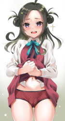 Rule 34 | 1girl, black hair, blue ribbon, cameltoe, clothes lift, commentary request, cowboy shot, double bun, dress, dress lift, gradient background, grey background, hair bun, highres, kantai collection, kyogoku shin, long hair, long sleeves, makinami (kancolle), multicolored hair, navel, neck ribbon, open mouth, panties, polka dot, polka dot panties, red panties, ribbon, round teeth, shirt, smile, solo, teeth, underwear, upper teeth only, white background, white shirt