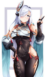 Rule 34 | 1girl, blue eyes, blush, bodysuit, breasts, bridal gauntlets, chinese clothes, closed mouth, covered navel, earrings, genshin impact, gold trim, hair ornament, hair over one eye, hand on own hip, highres, hip vent, jewelry, lancheu, large breasts, long hair, looking to the side, shenhe (genshin impact), silver hair, solo, tassel, tassel earrings, thigh gap, v, very long hair